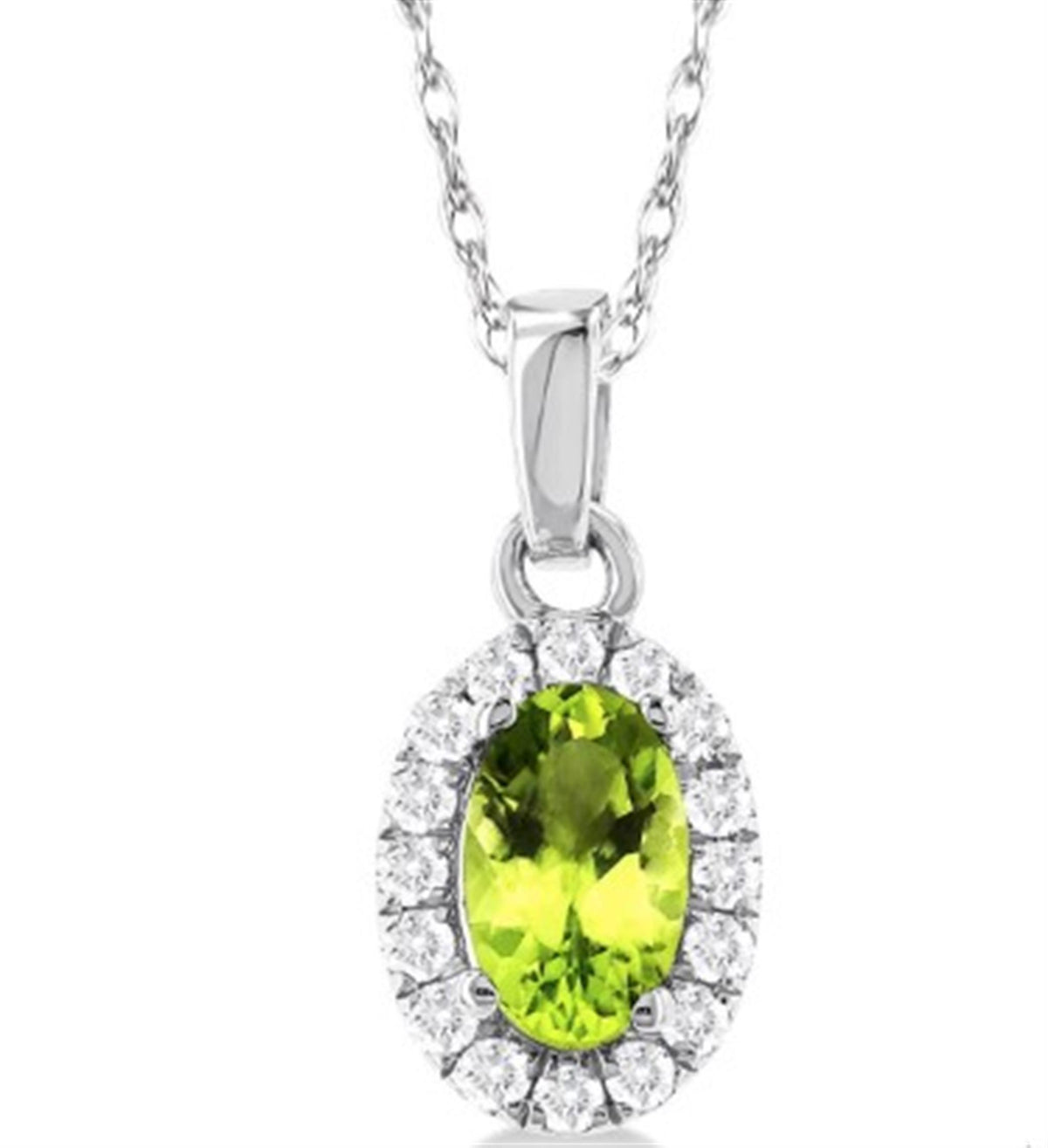 10Kt White Gold Center Of My World Halo Pendant With Peridot and Natural Diamonds
