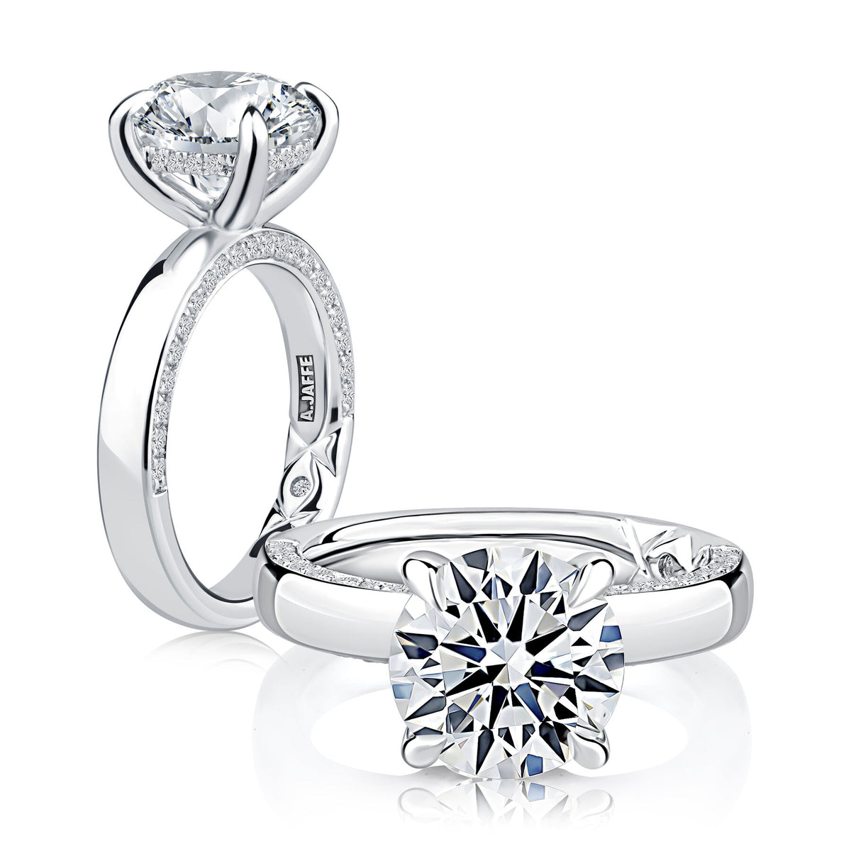 A. Jaffe Round Center Diamond Solitaire Engagement Ring with Accent Diamonds In Ring Edge