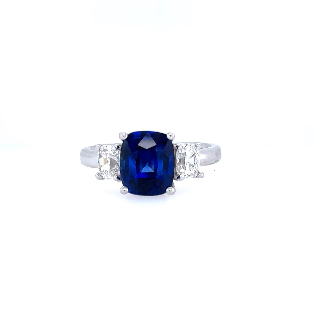 18K White Gold 3-Stone Sapphire Diamond Ring with 2.71ct Sapphire and .80cttw Antique Cushion Shape Diamond