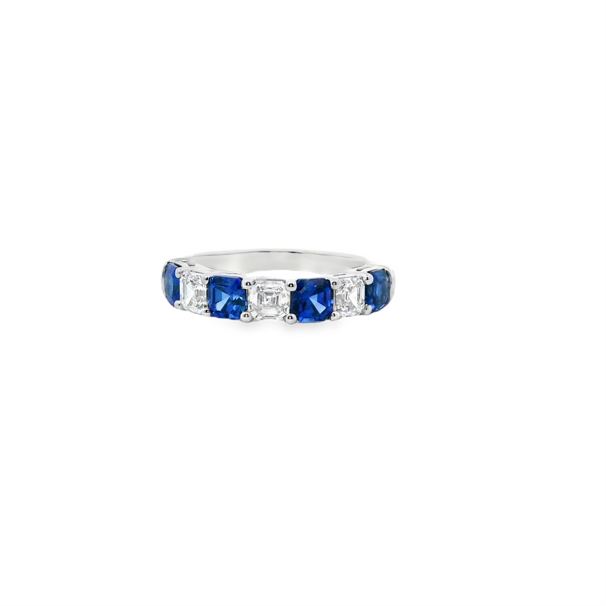 18Kt White Gold 7-Stone Band with Alternating Natural Blue Sapphires and Diamonds