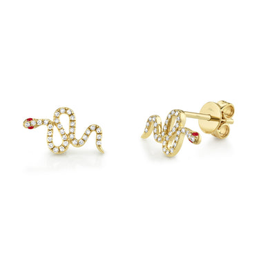 Shy Creation 14Kt Yellow Gold Diamond & Ruby Snake Stud Earrings