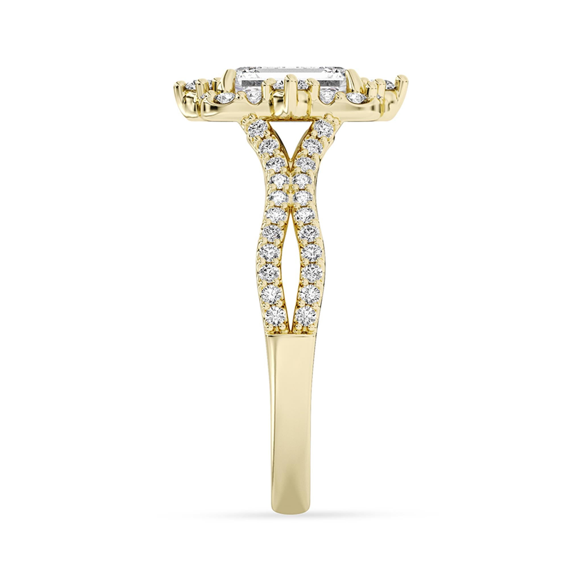 Lasker's Big Rocks Lab-Grown Diamond Collection Split Shank Halo Ring in 14Kt Yellow Gold with 2.07Ct Emerald Cut Center Diamond