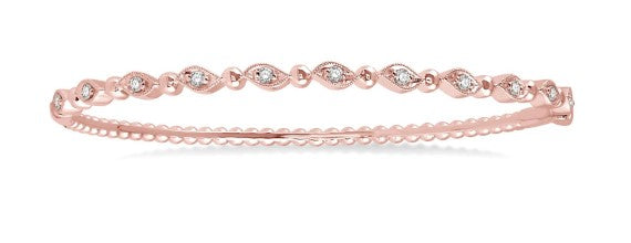 14Kt Rose Gold Marquise Link Scalloped And Beaded Bangle Bracelet With .25cttw Round Natural Diamonds