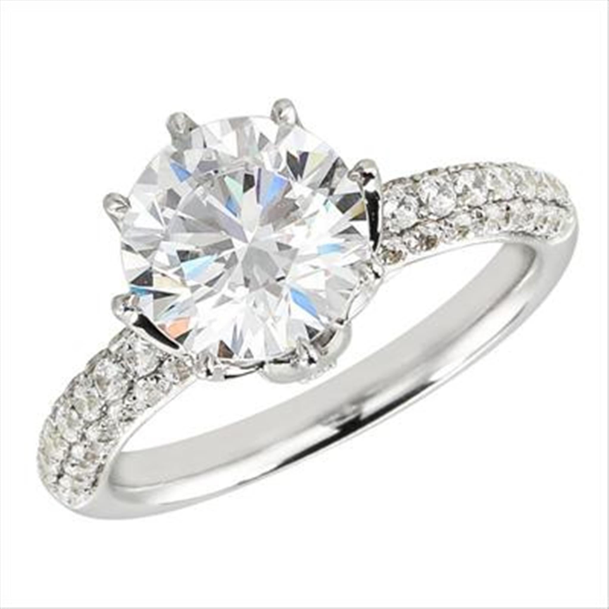 18Kt White Gold Pave Set Natural Diamond & 8 Prong Fancy Crown Mounting - Round Center Stone Sold Separately