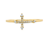 Yellow gold diamond cross ring featuring round diamond accents across the center.