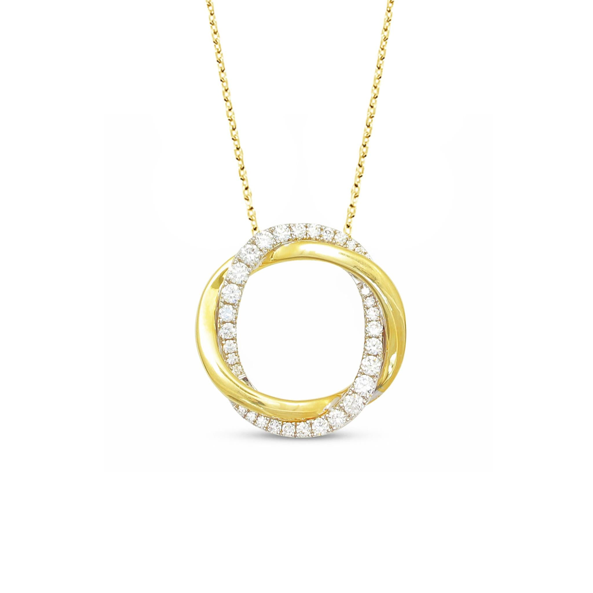 Frederic Sage 14K Yellow and White Gold Twist Halo Microset Diamond and Polished Gold Pendant with 32.54cttw Diamonds (G/H Color - VS2 Clarity) on Yellow Gold Link Chain - 18