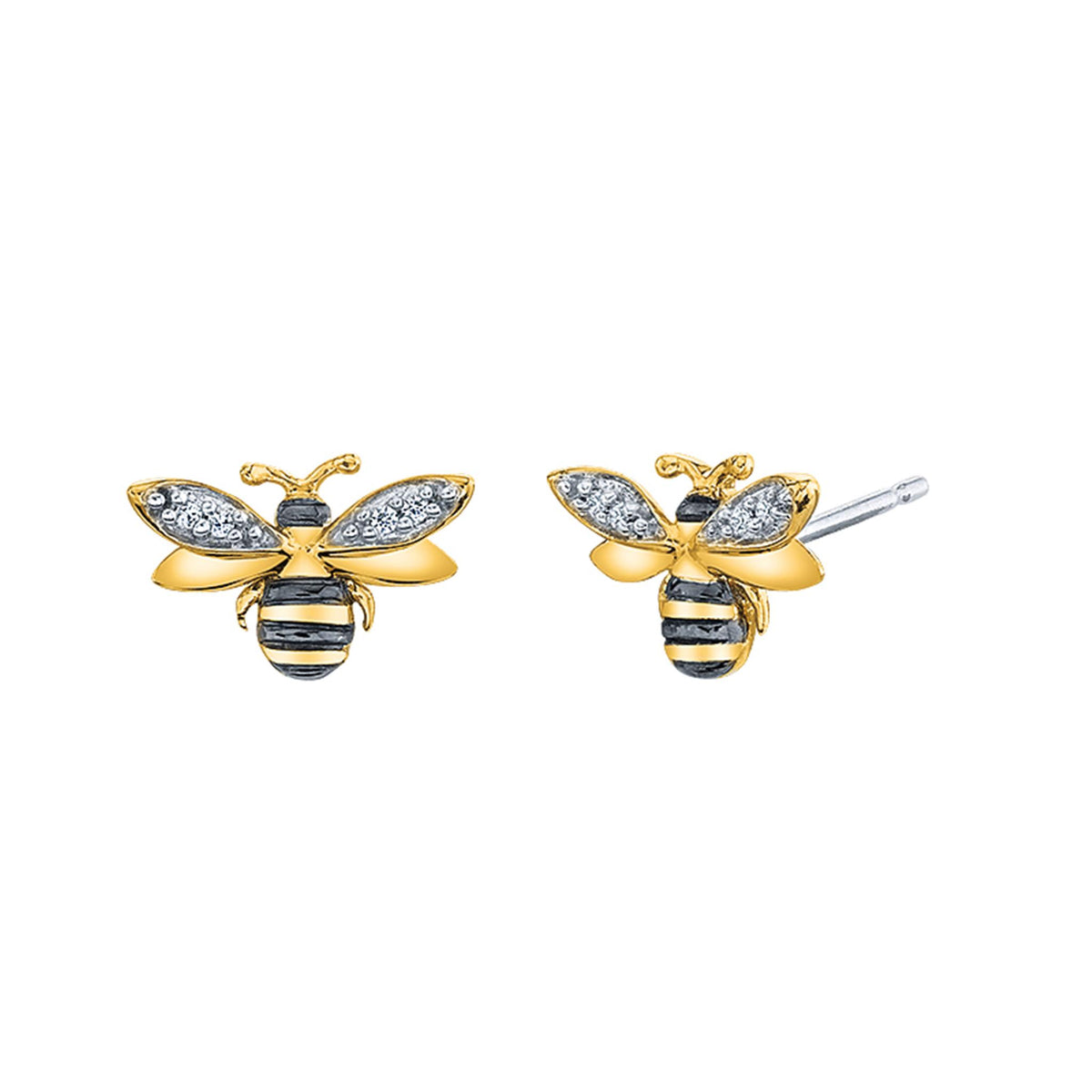 Sterling Silver 14kt Yellow Gold Plated and Black Enamel Bee Stud Earrings with .03cttw Diamond Wings
