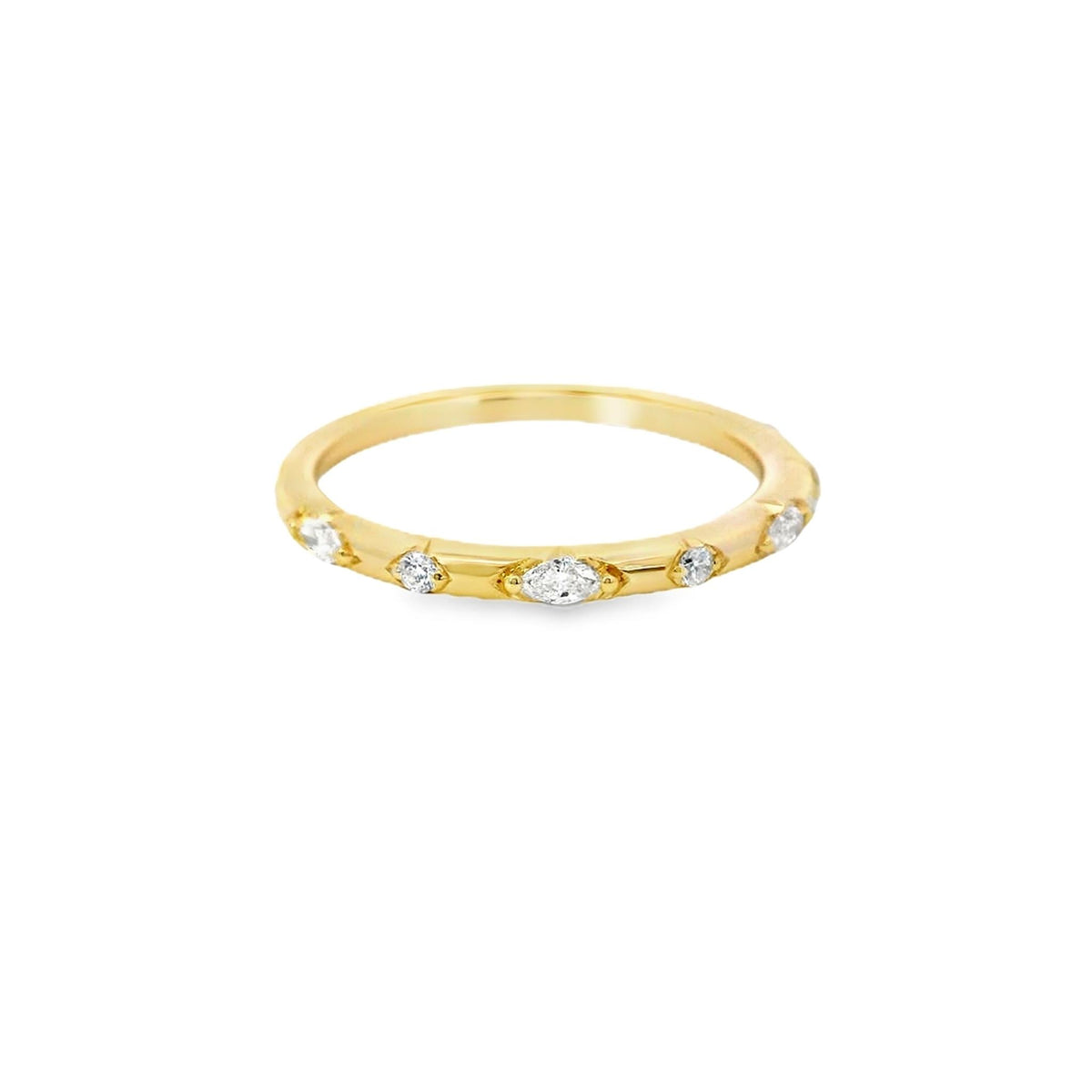 14Kt Yellow Gold 2mm Wedding Band With .17cttw Natural Marquise & Round Diamonds