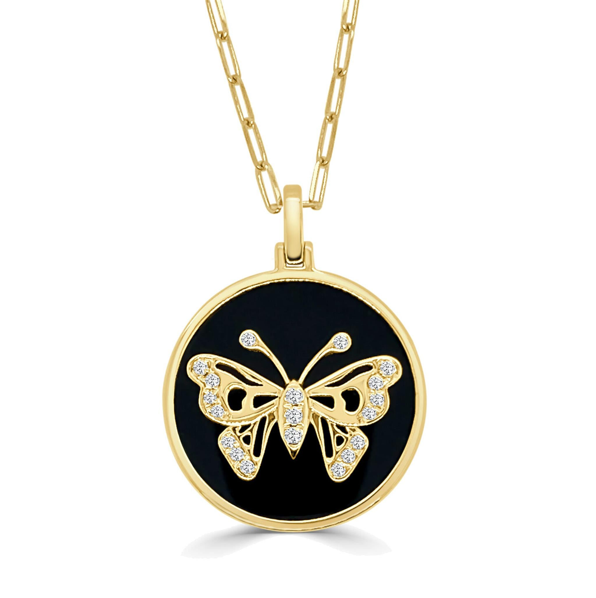 Frederic Sage 14Kt Yellow Gold Black Onyx Natural Diamond Butterfly Pendant