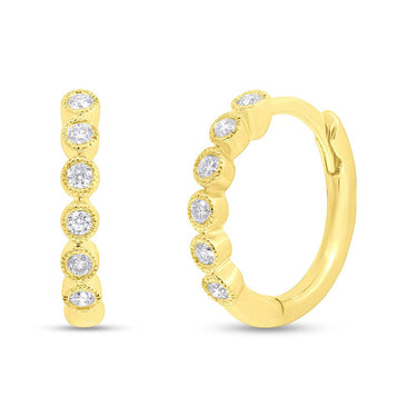 Shy Creation 14K Yellow Gold Beaded Bezel Set Huggie Earrings with .11cttw Diamonds