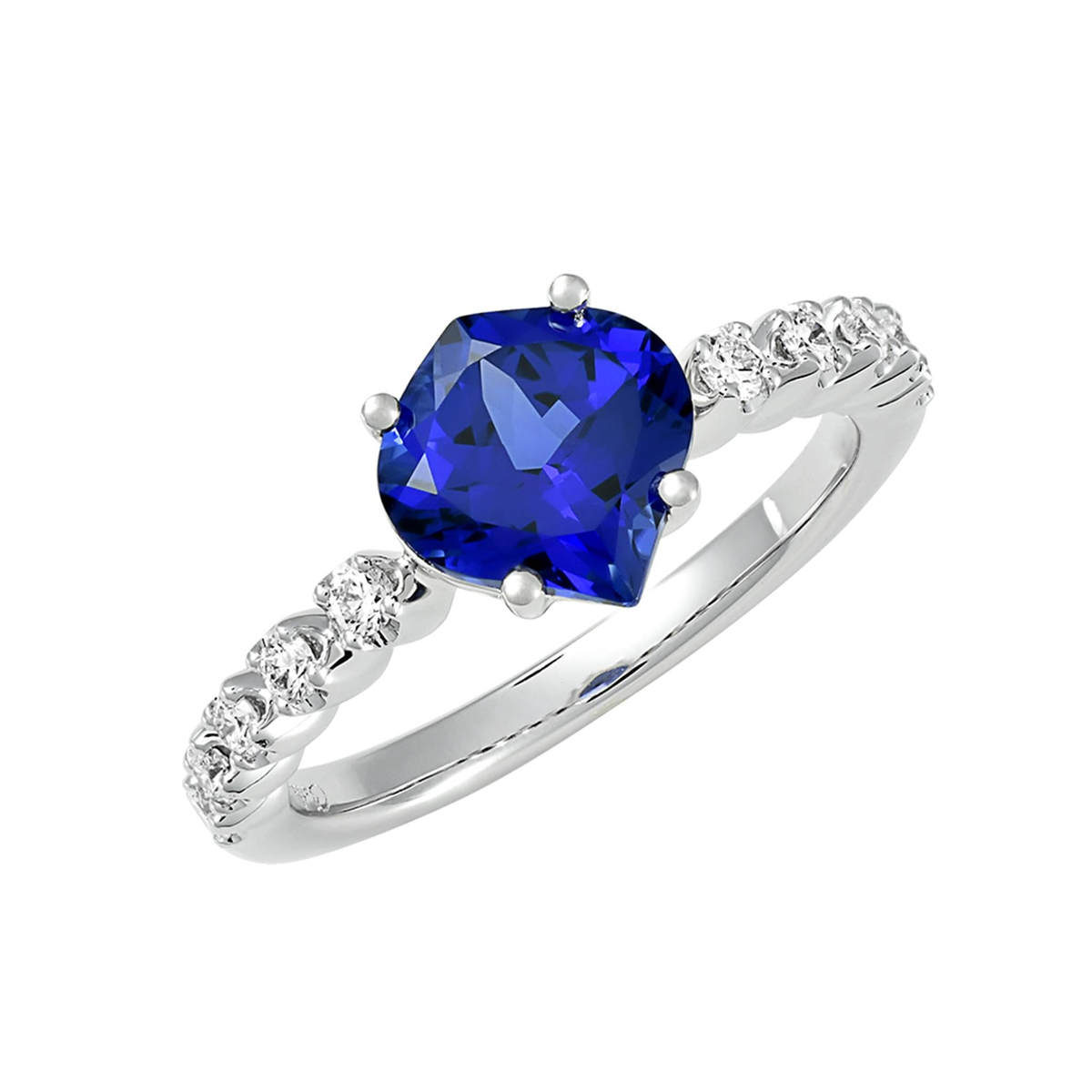 14Kt White Gold Onion-Shape Chatham Created Blue Sapphire Ring with Lab Grown Diamonds