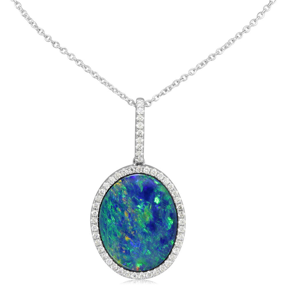 14Kt White Gold 7.24Ct Australian Opal Doublet Diamond Pendant