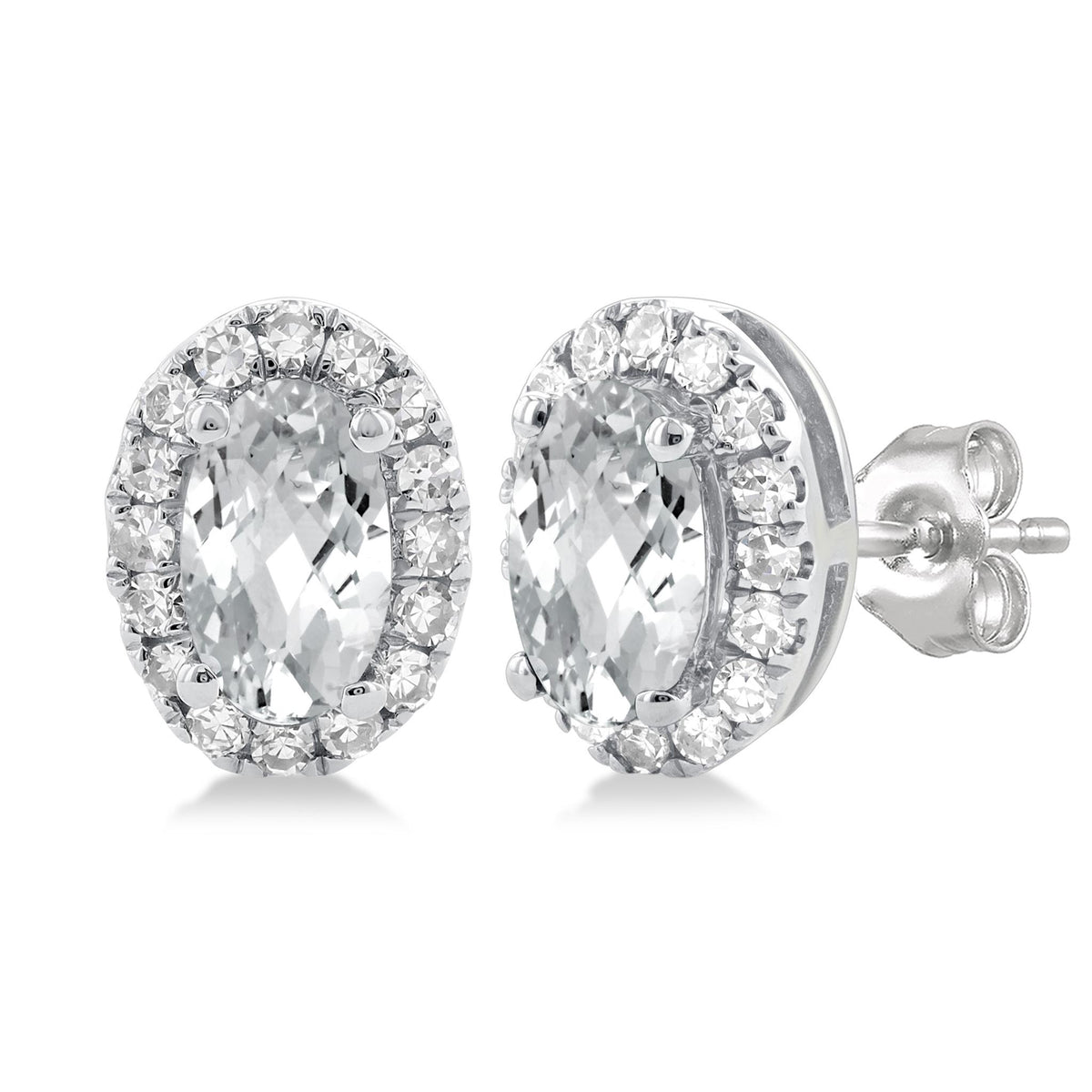 10Kt White Gold Oval Halo Stud Earrings with White Topaz