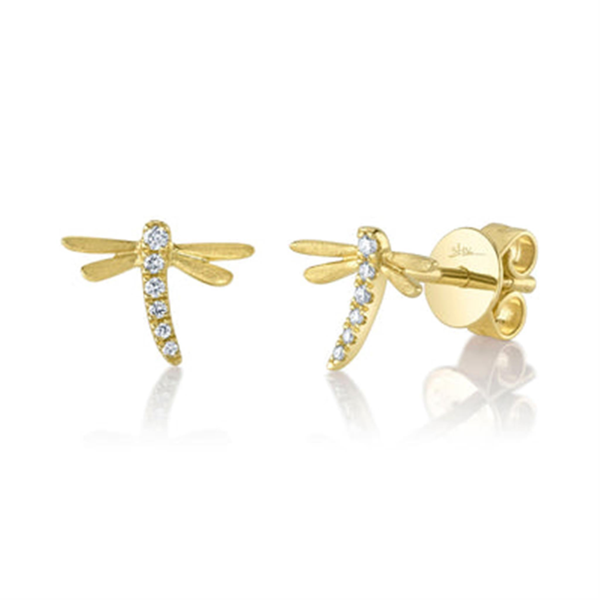 Shy Creation 14Kt Yellow Gold Natural Diamond Dragonfly Stud Earrings