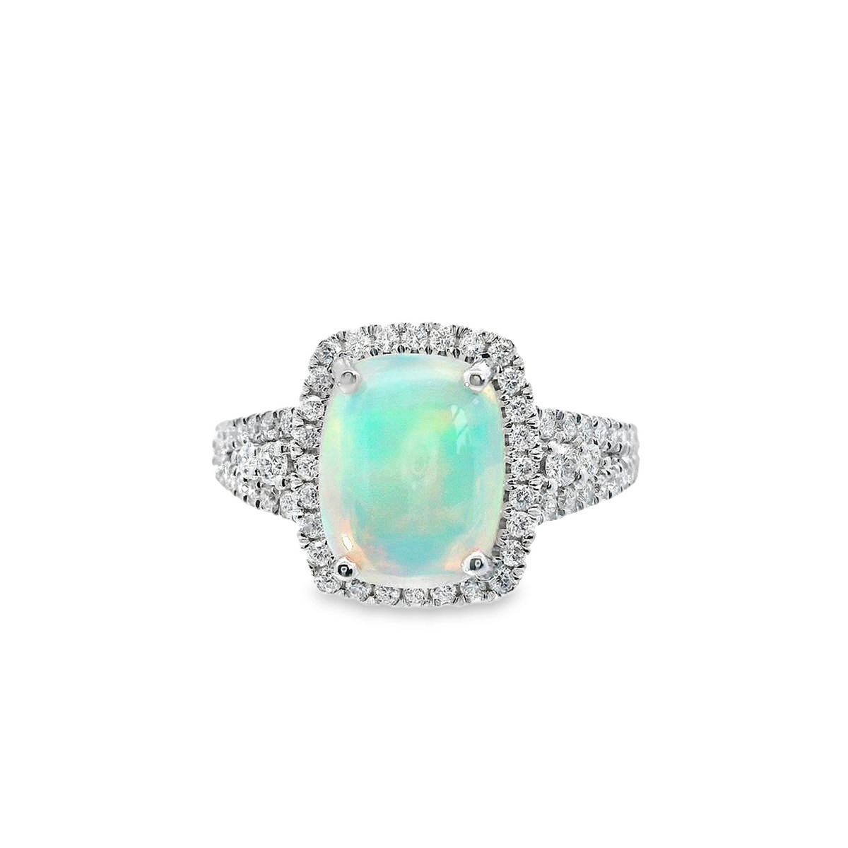 14Kt White Gold Halo Ring with 1.60Ct Ethiopian Opal and 67.49cttw Natural Diamonds (Color G-H, Clarity SI1)