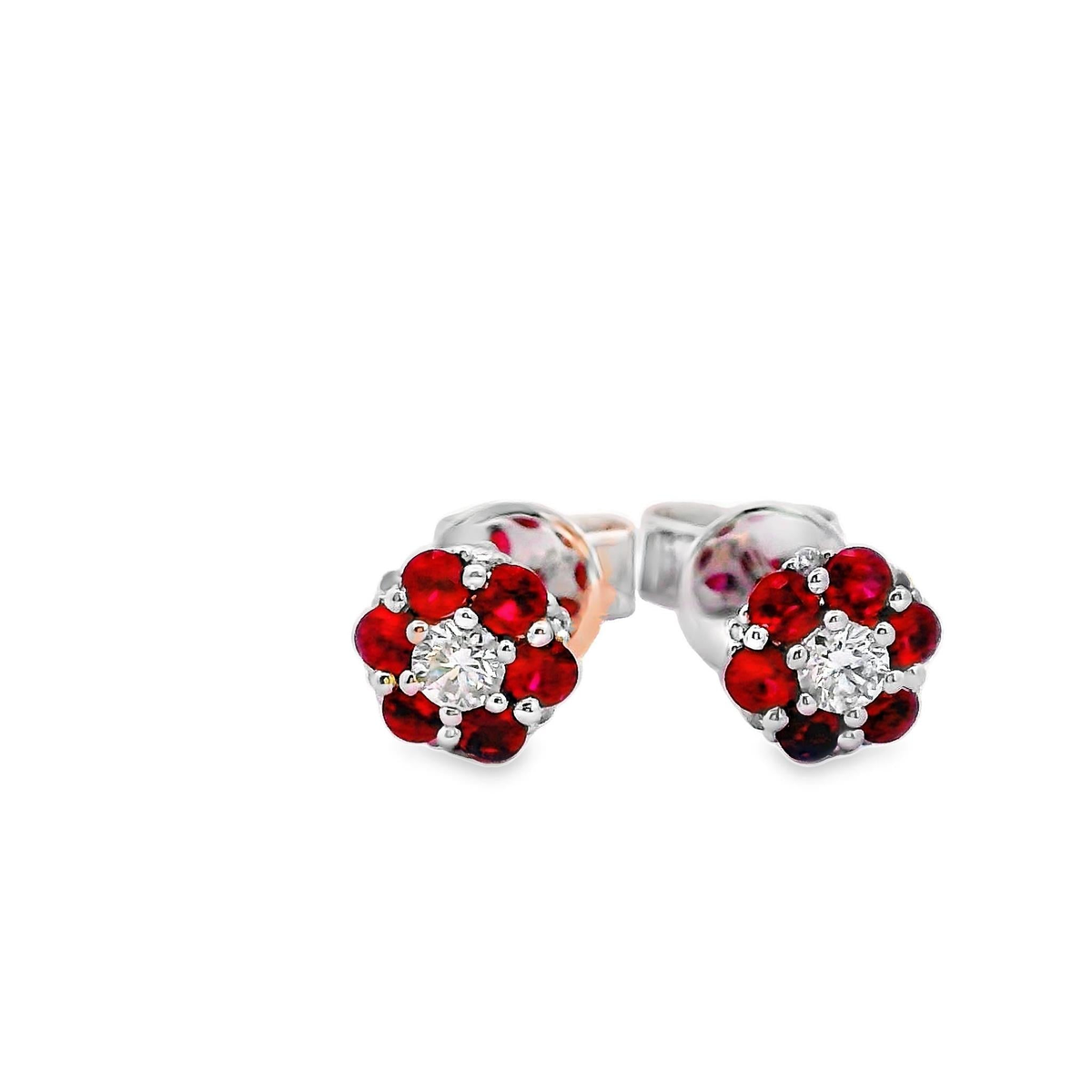 18Kt White Gold Flower Stud Earrings with 12.43cttw Rubies and 2.14cttw Natural Diamonds (Color G-H, Clarity SI1)