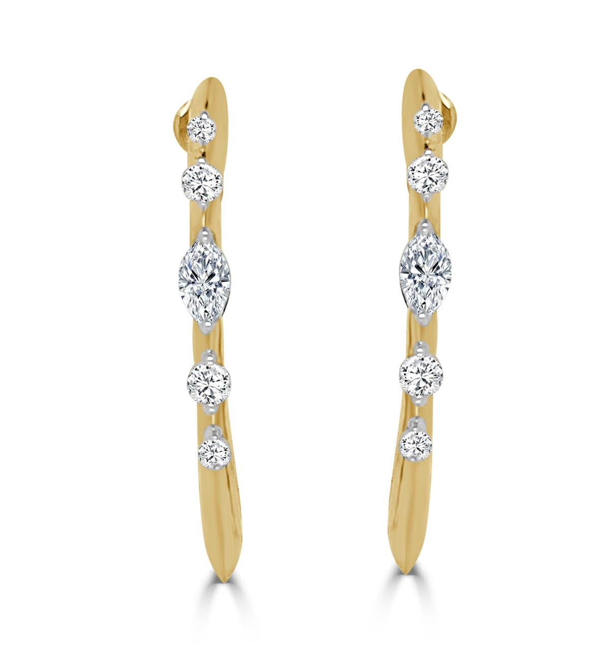 Frederic Sage 14K Yellow Gold 30mm Penta Bolt Marquise Diamond Hoop Earrings with 2.31cttw Marquise Diamonds and 30.51cttw Diamonds (G/H Color - SI1 Clarity)