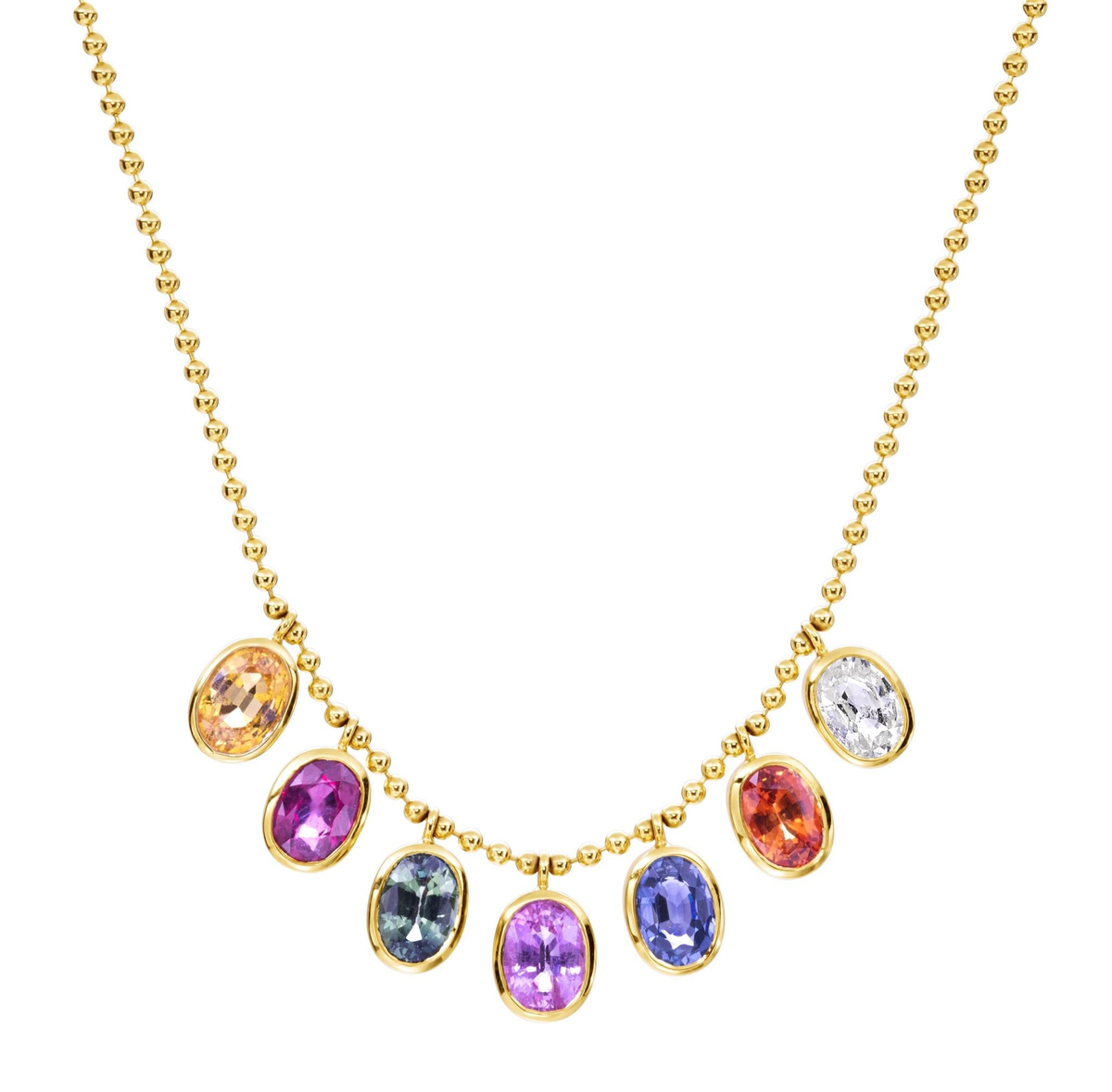 Lauren K. 18Kt Yellow Gold Station Necklace With Bezel Set Oval Rainbow Sapphires