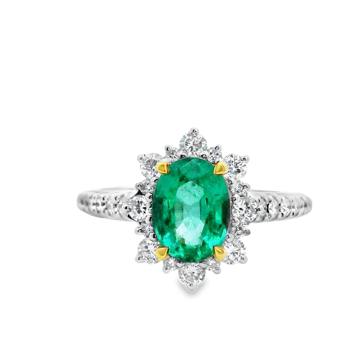 18Kt White Gold Halo Ring with 1.20Ct Natural Oval Emerald (8x6mm) and 30.51cttw Natural Diamonds (Color G-H, Clarity SI1)