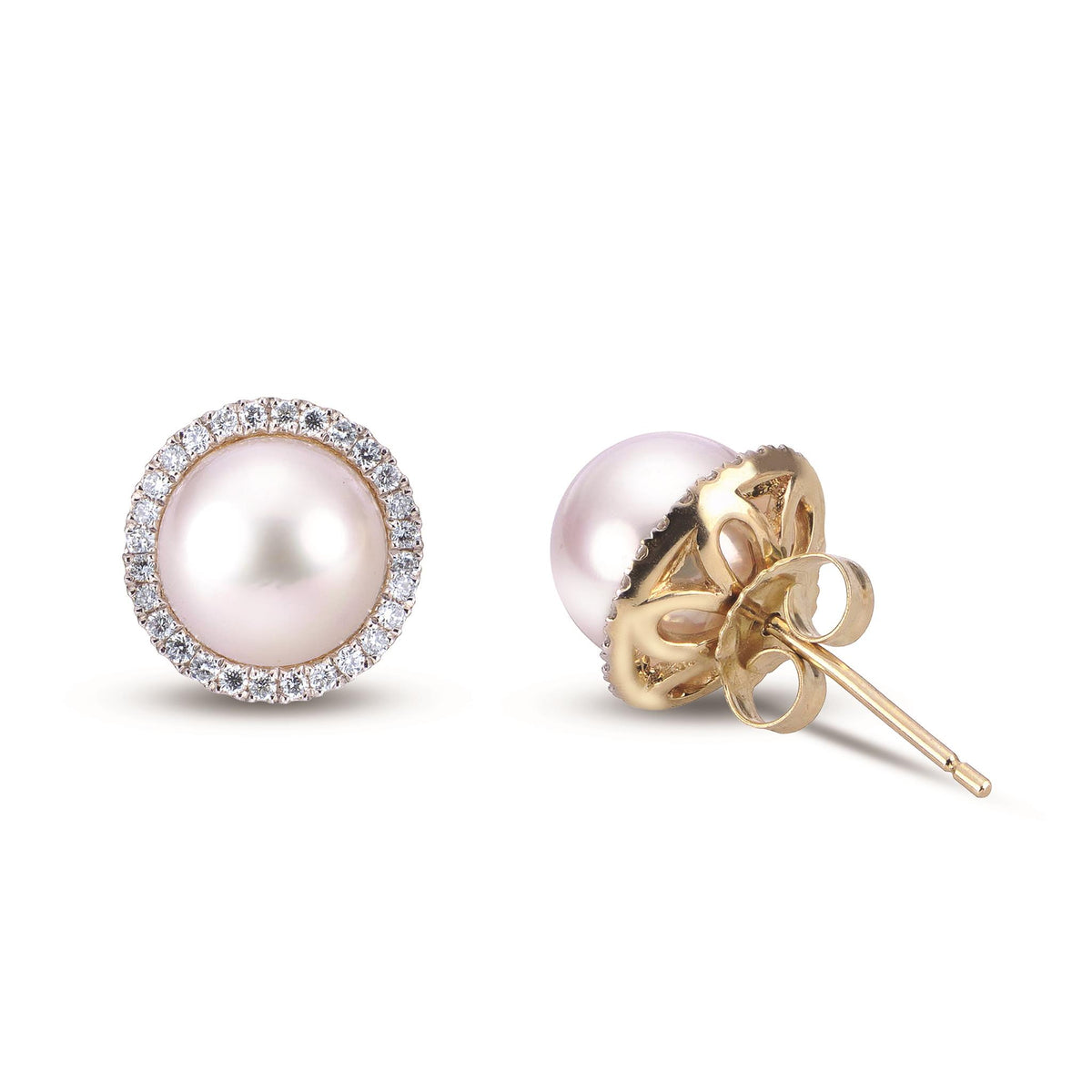 14Kt Yellow Gold Halo Earrings With mm Akoya Cultured Pearl