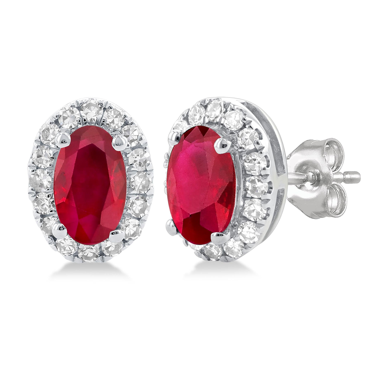 10Kt White Gold Oval Halo Stud Earrings with 5x3mm Rubies, 32.13cttw Natural Diamonds (Color I-J, Clarity I1), and Locking Friction Backs