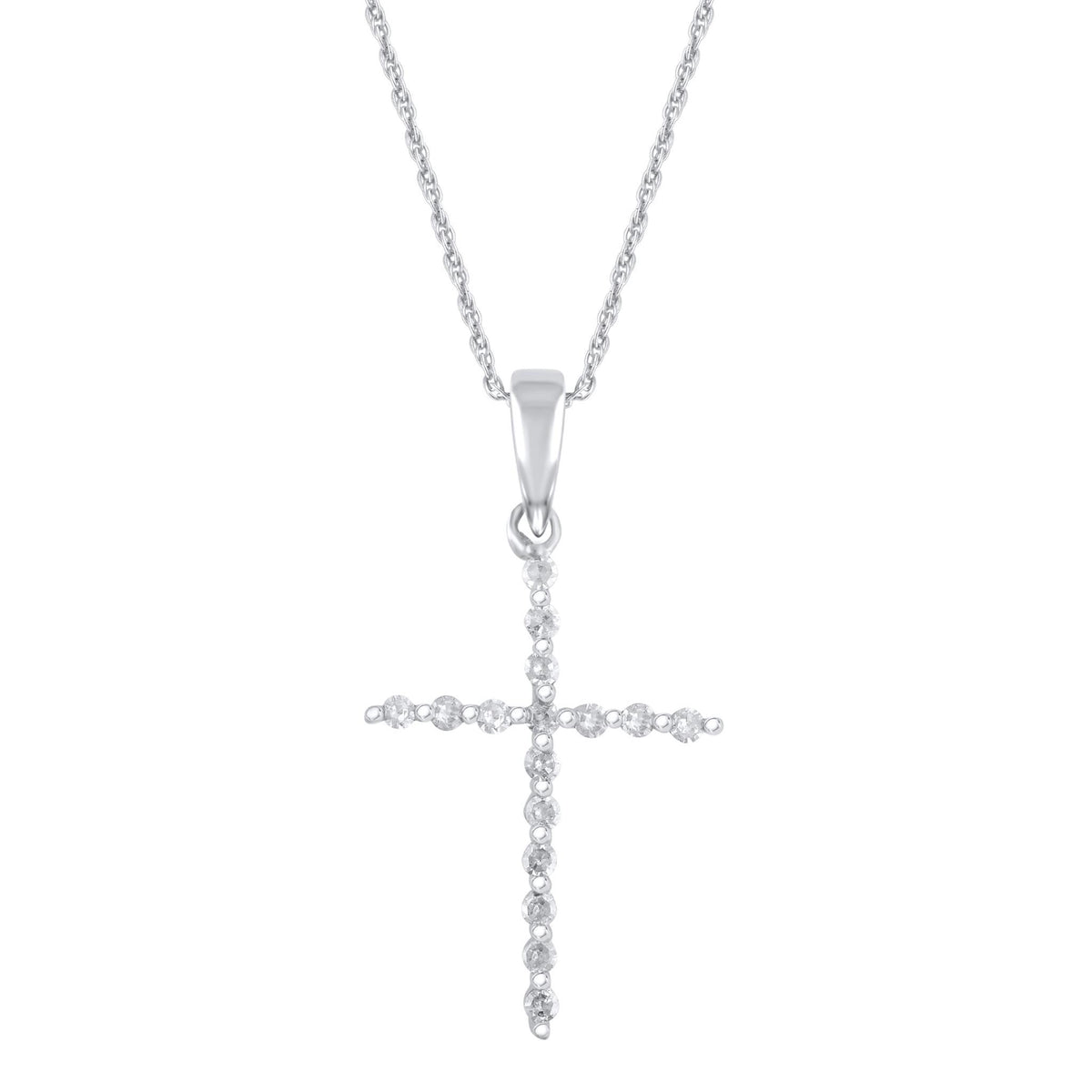 14Kt White Gold Cross Pendant with .10tw Round Diamonds on 18" Cable Chain