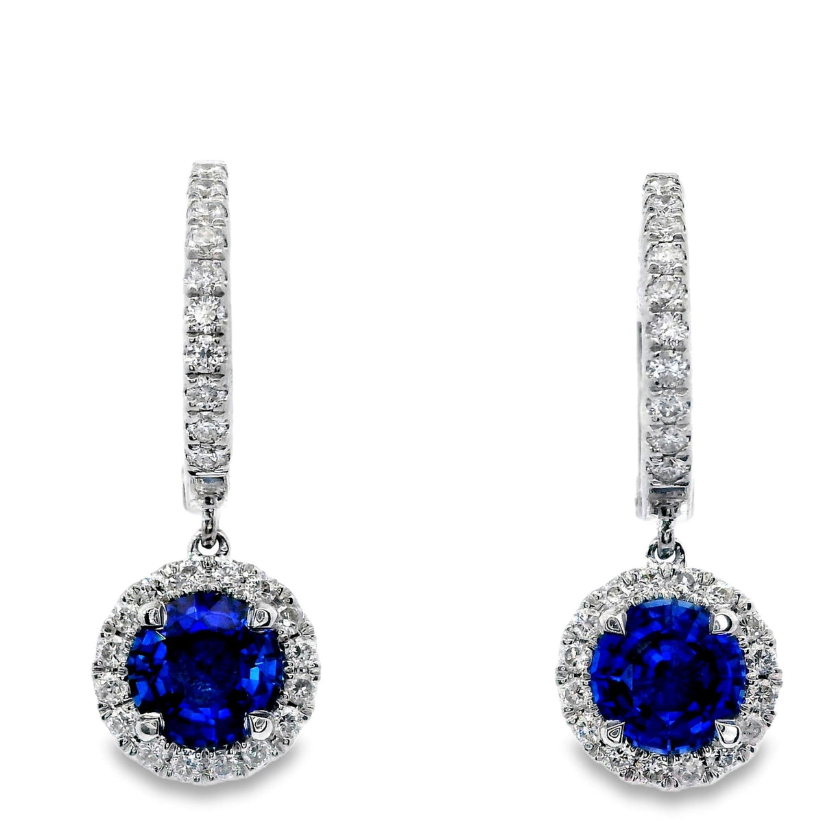 18Kt White Gold Dangle Hoop Earrings with Sapphires and Natural Diamonds