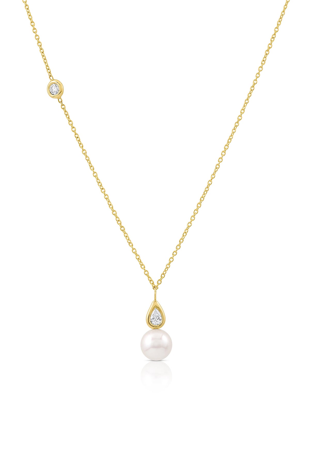 14Kt Yellow Gold Drop Pendant With 7mm Akoya Cultured Pearl and Pear Shaped Diamond
