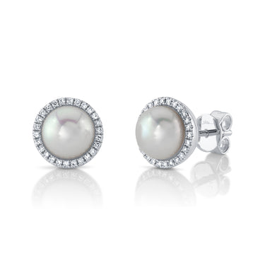 Shy Creation 14Kt White Gold Cultured Pearl Diamond Halo Stud Earrings