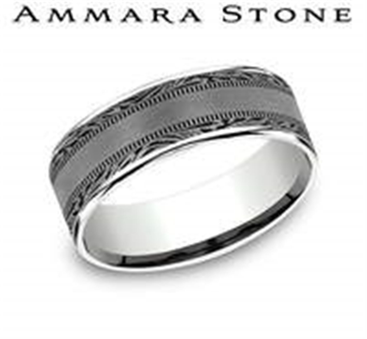 Ammara Stone 7.5mm Tantalum Band with Faux Mokume Engraving, Milgrain and 14Kt White Gold