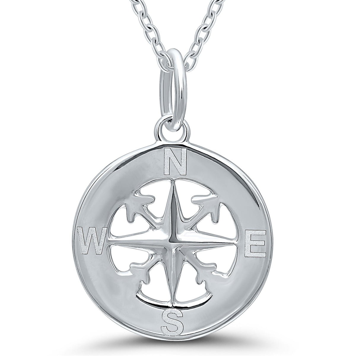 Sterling Silver Compass Pendant With Diamond Accent On 18" Chain