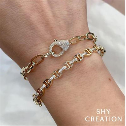 Shy Creation 14Kt White Gold 7" Paperclip Link Bracelet with Natural Diamond Clasp