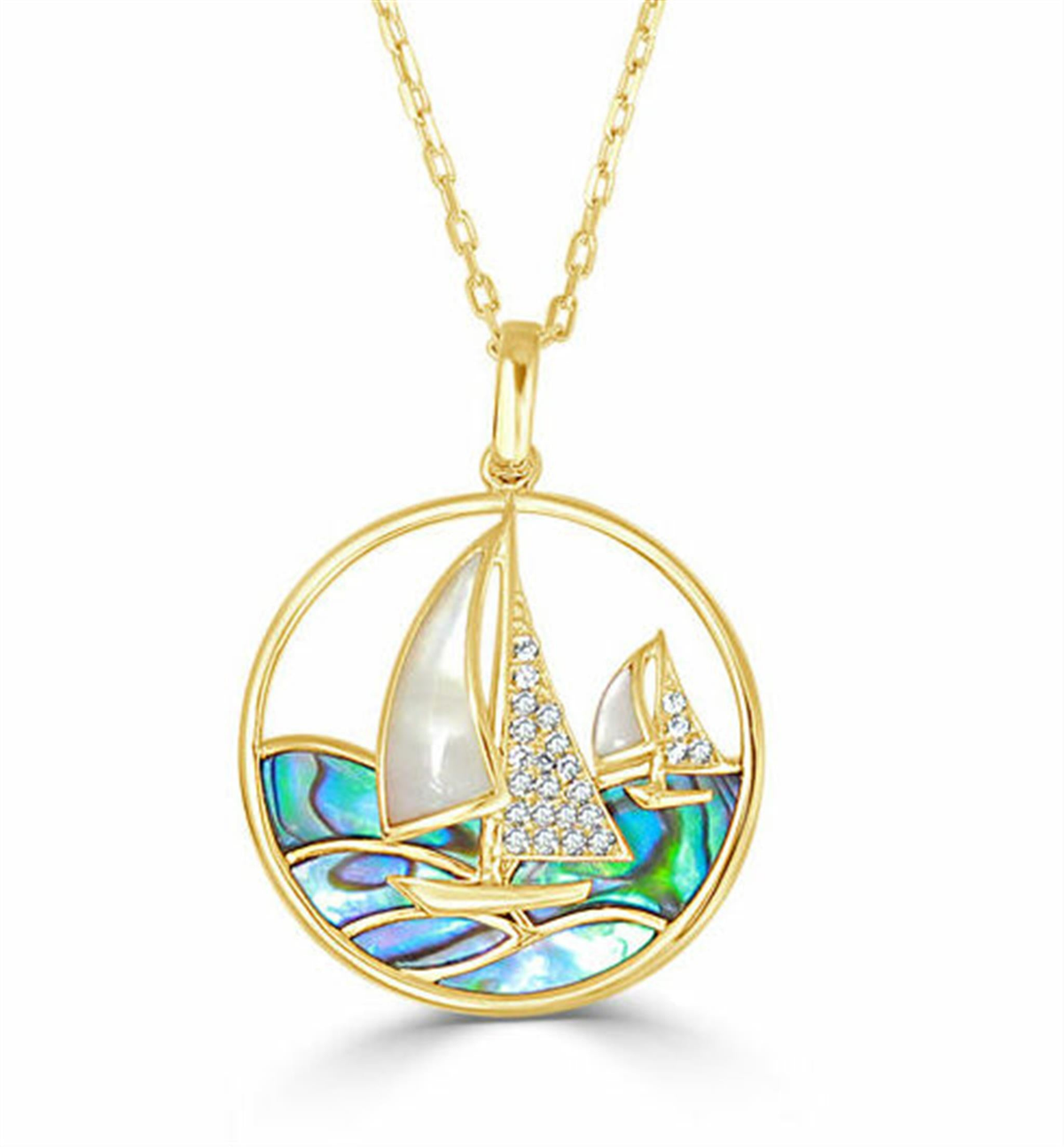 14K Yellow Gold Sailboat Pendant with Mother of Pearl and Diamond