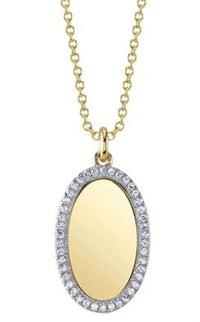 Shy Creation 14Kt Yellow Gold Engraveable  Oval Disc Necklace with .11cttw Natural Diamond Halo