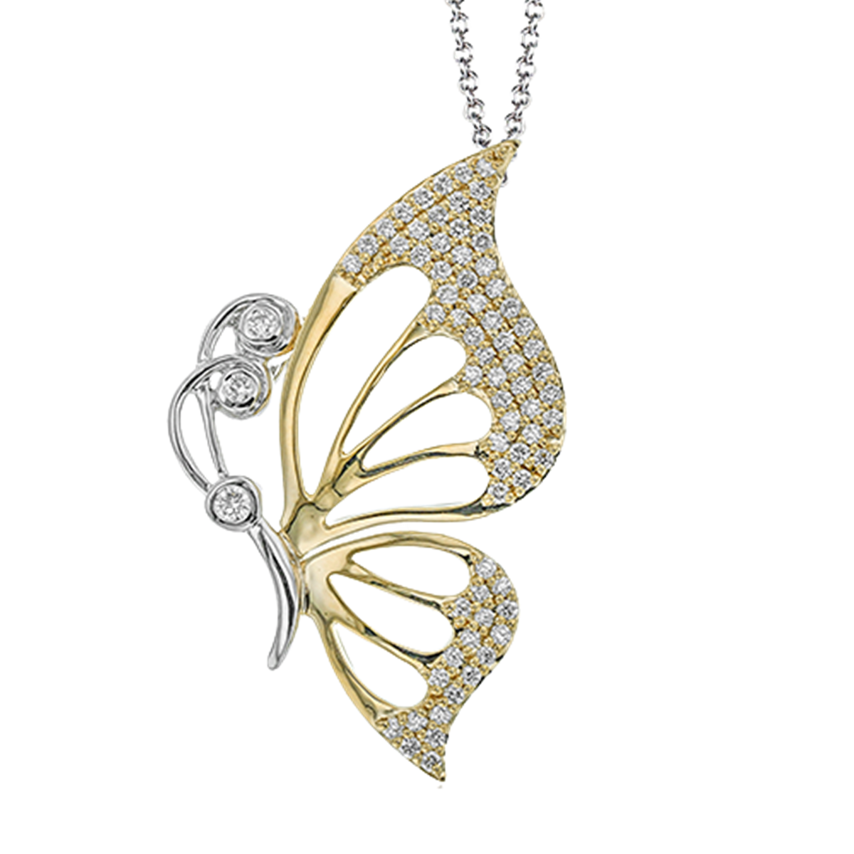 Simon G 18Kt Yellow and White Gold Butterfly Pendant with 73.44cttw Diamonds (Color G-H, Clarity VS2) on an 18" Adjustable Cable Chain with a Lobster Clasp Serial  799614