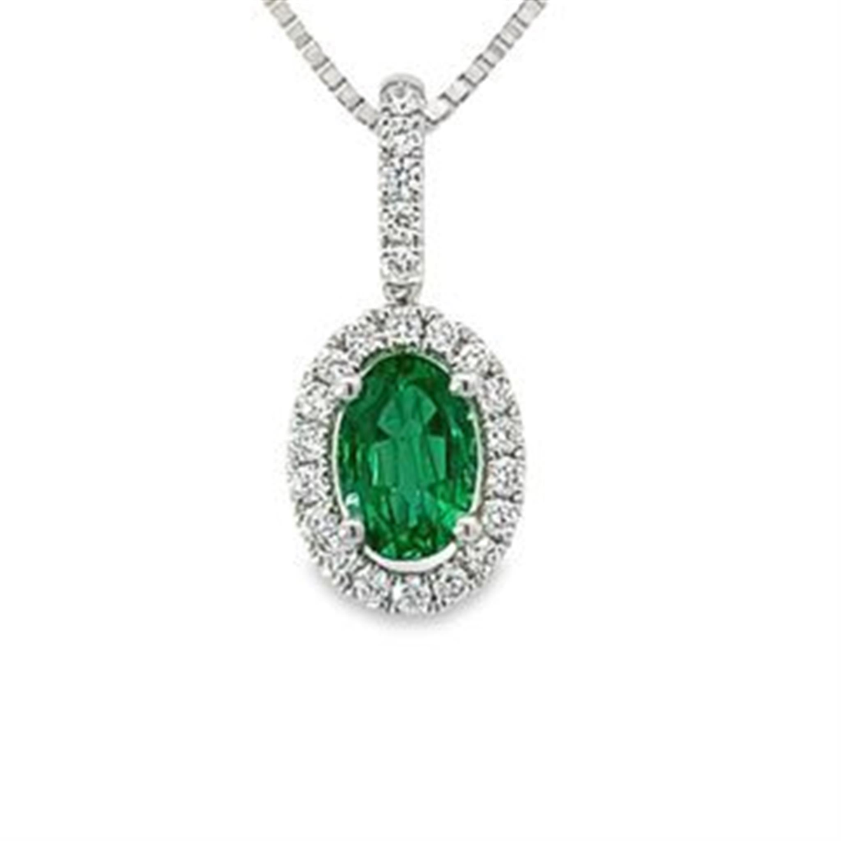 18Kt White Gold Oval Cut Emerald and Diamond Pendant