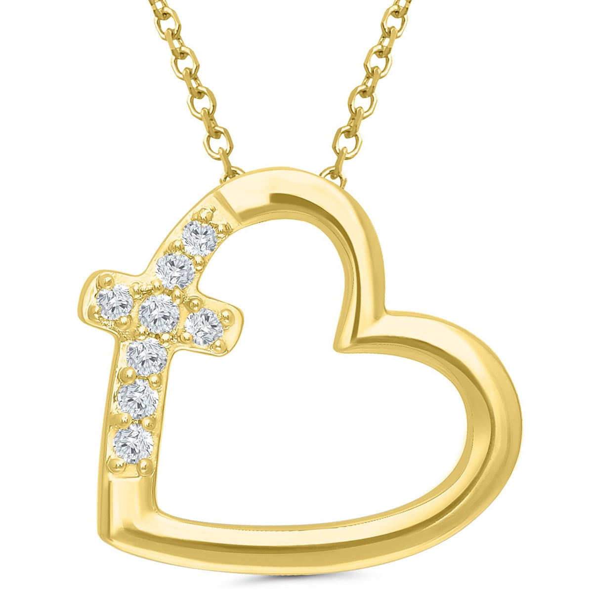 10Kt Yellow Gold Heart With Cross Pendant 0.05cttw Natural Diamonds