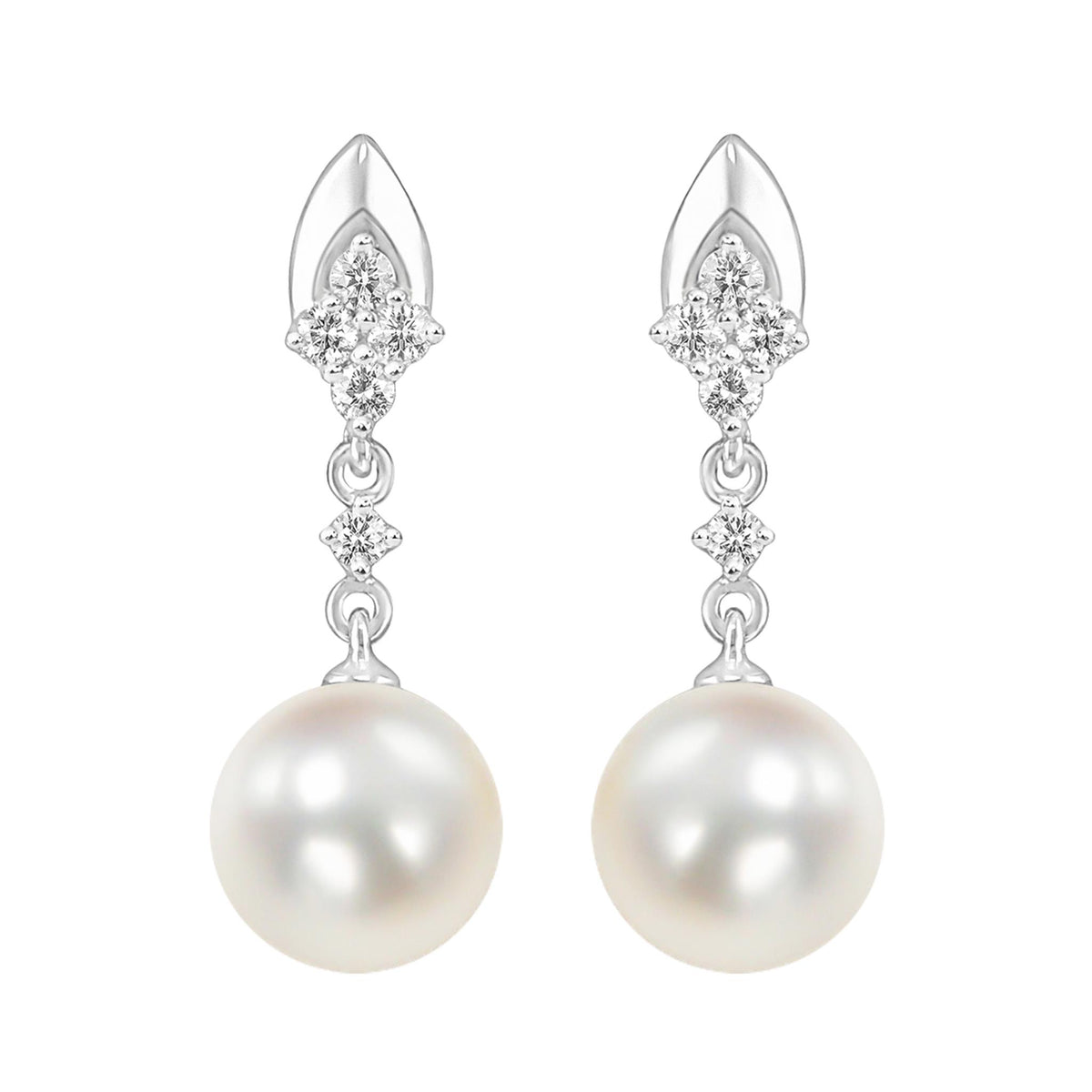 14Kt White Gold Dangle Earrings With 7mm Fresh Water Cultured Pearl