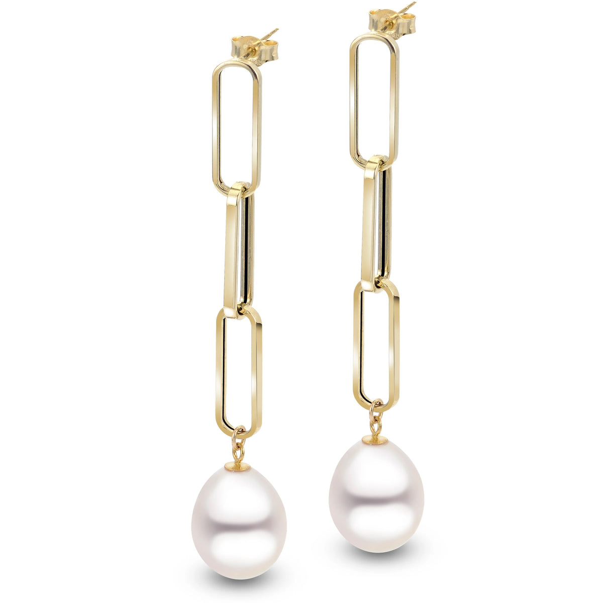 14Kt Yellow Gold Paperclip Dangle Earrings With Freshwater Cultured Pearl