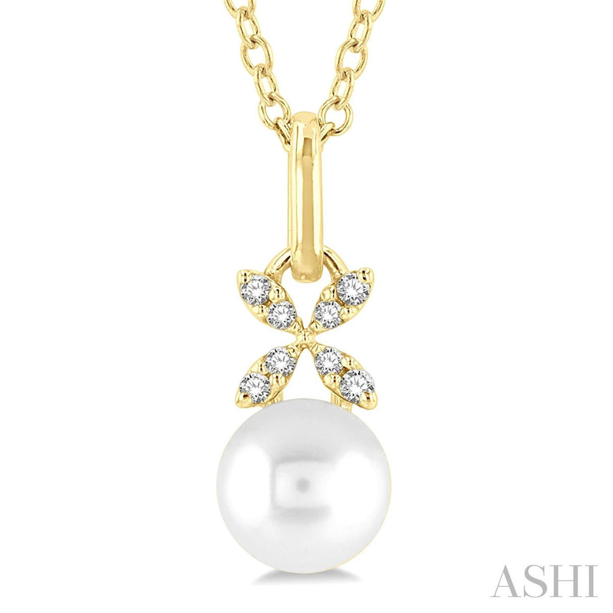 10Kt Yellow Gold Floral Pendant With 6mm Akoya Cultured Pearl and Diamonds