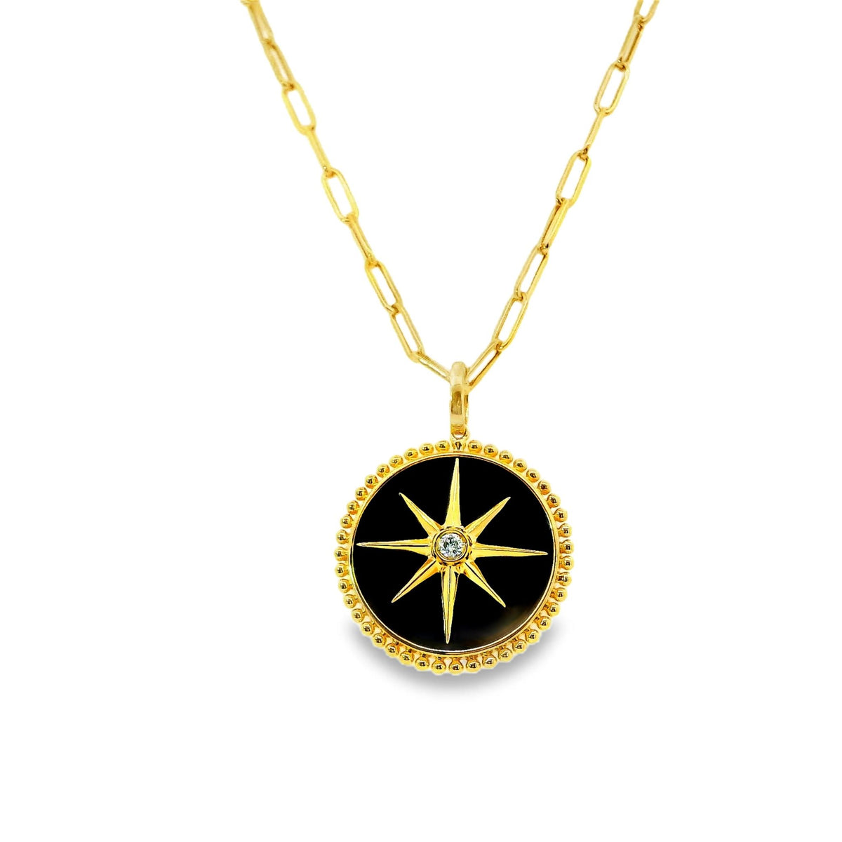 18Kt Yellow Gold 20mm Pendant with Black Onyx, Star and .04ct Accent Diamond