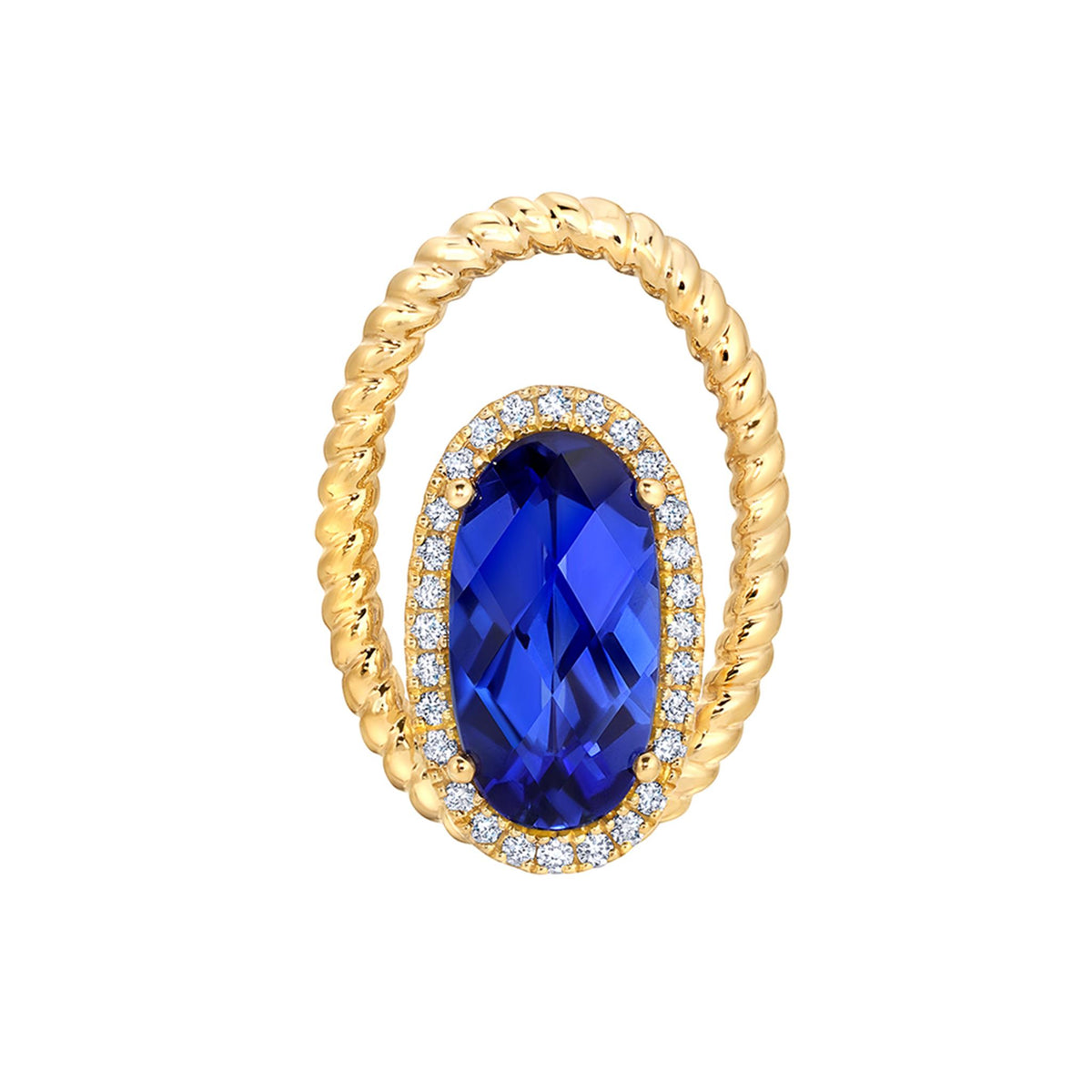 14Kt Yellow Gold Open Halo Pendant With 1.70ct Chatham Lab Created Blue Sapphire