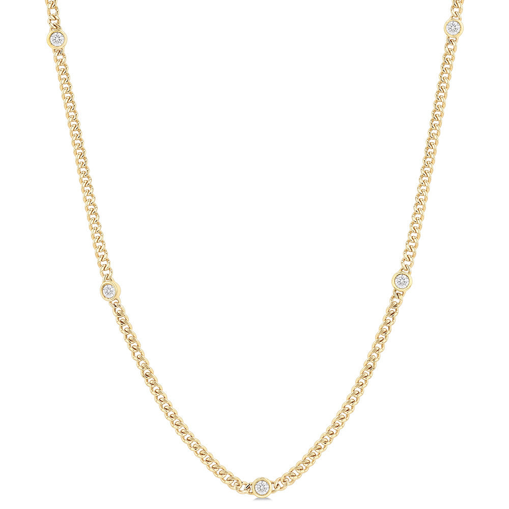 14Kt Yellow Gold Cuban Chain 0.49cttw Diamond Station Necklace