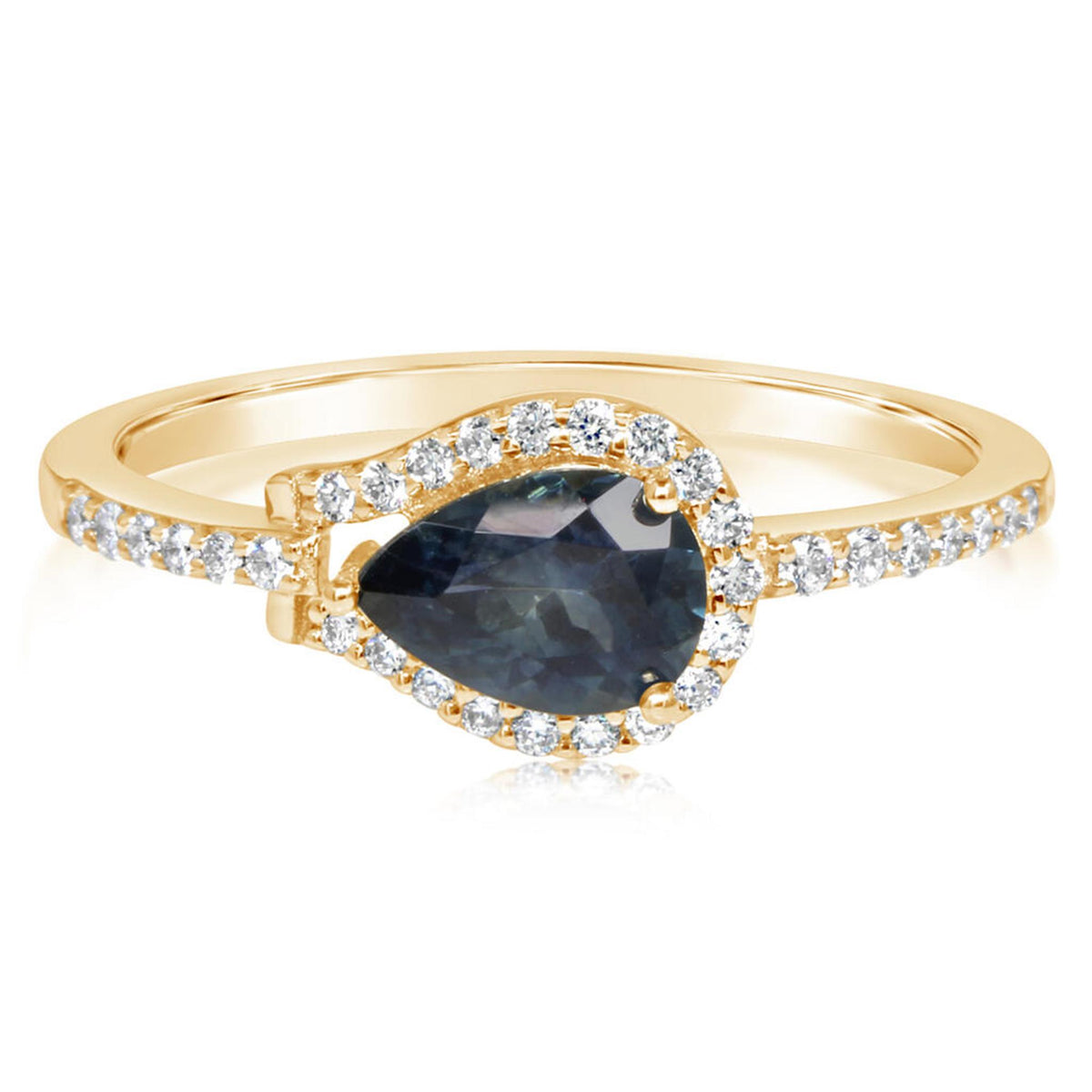 14Kt Yellow Gold Halo Ring With Pear Shaped Montana Sapphire and Diamonds