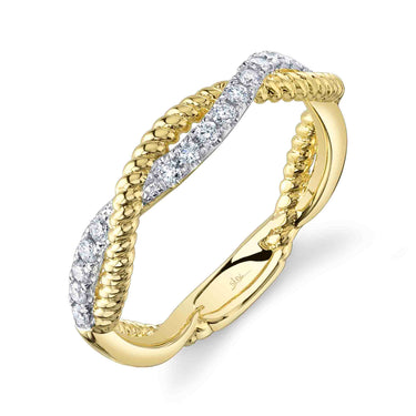 Shy Creation 14Kt Yellow Gold Alternating Rope and .22cttw Natural Diamond Band (Color G-H, Clarity SI2) -Size 7