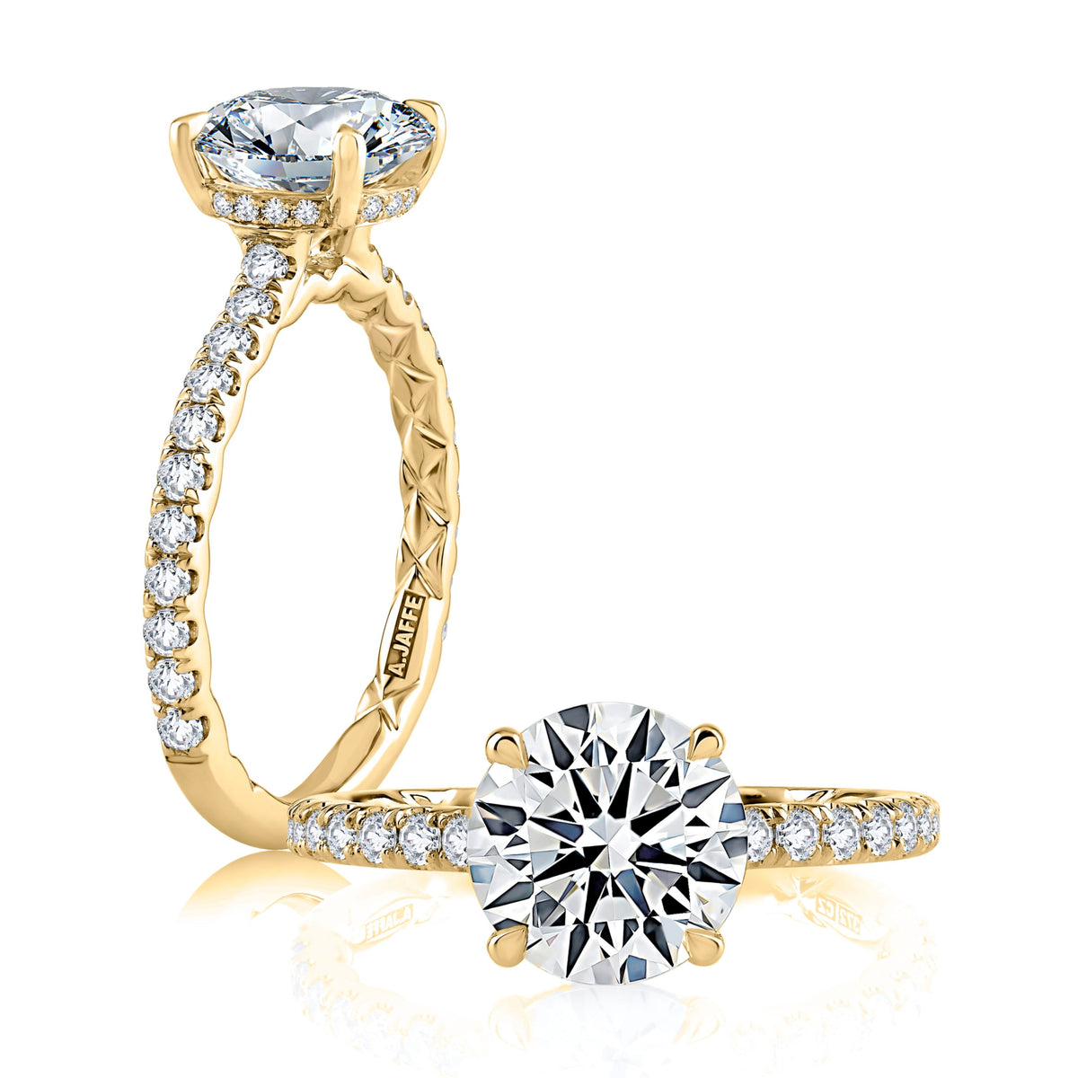 A. Jaffe Round Diamond Hidden Halo Pave Basket Engagement Ring in 14K Yellow Gold