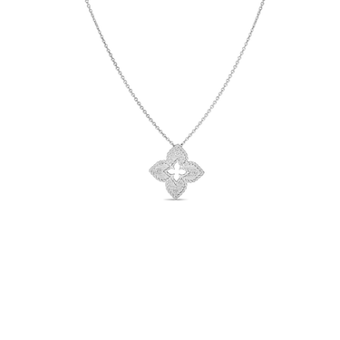 Roberto Coin 18Kt White Gold Petite Venetian Princess 0.02cttw Round Natural Diamond Flower Necklace