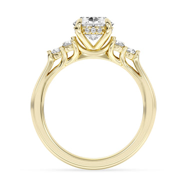 Yellow gold engagement ring with oval-cut center diamond and hidden halo detail.