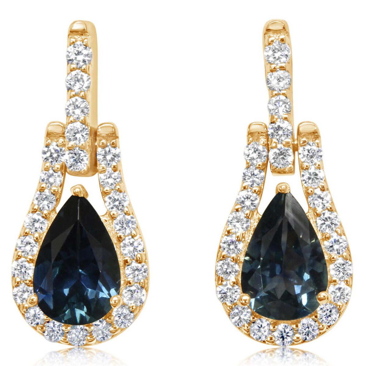 14Kt Yellow Gold Halo Earrings with Montana Sapphires and Diamonds