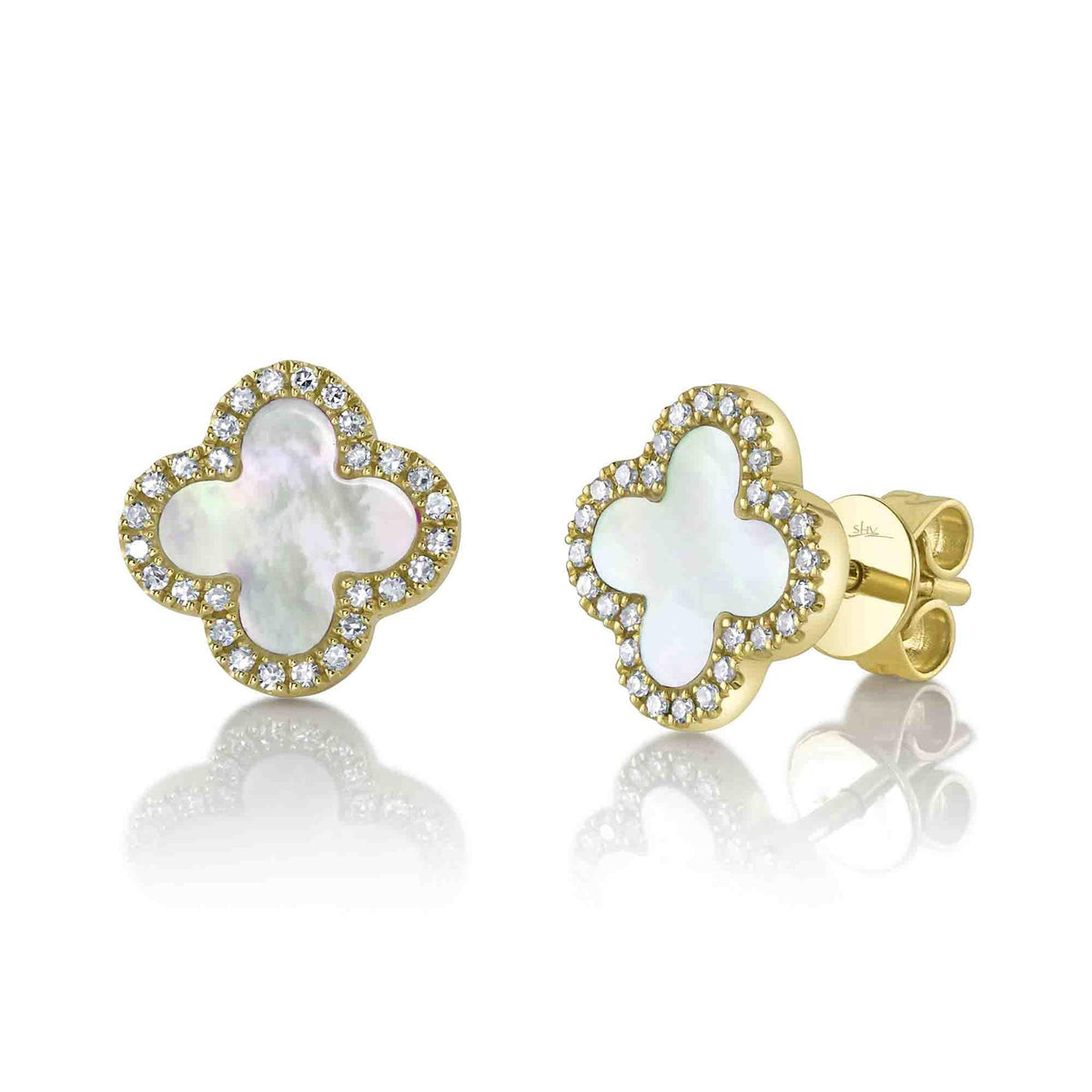 Shy Creation 14K Yellow Gold Clover Earrings with Mother of Pearl and Diamonds Totaling .15 Carats (SI1-H)